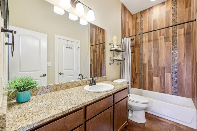 bathroom featuring vanity, toilet, and shower / tub combo with curtain