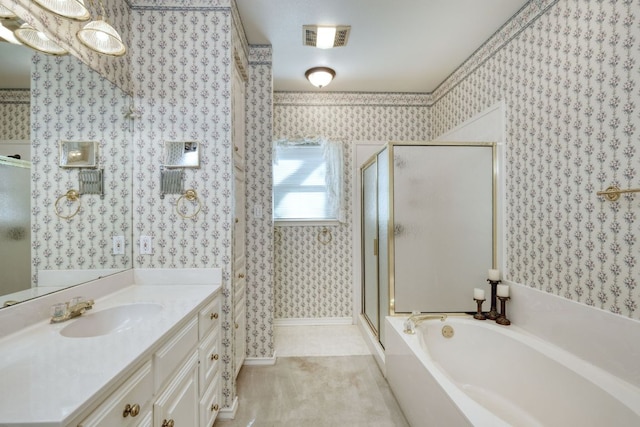 full bath with wallpapered walls, a shower stall, a garden tub, and visible vents