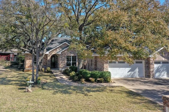 obstructed view of property with driveway, brick siding, an attached garage, and a front lawn