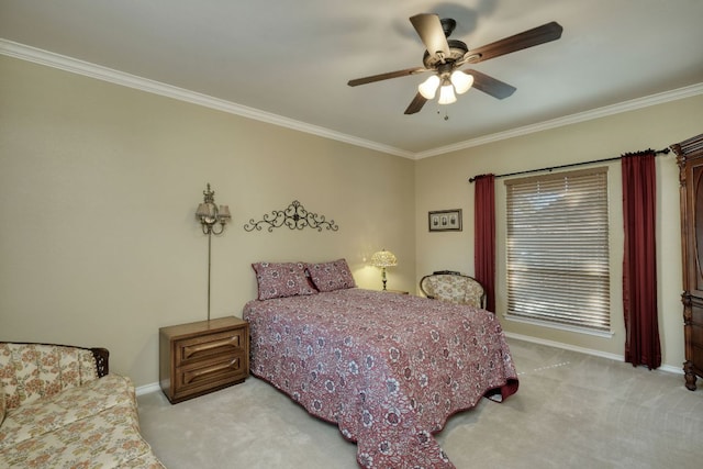 bedroom featuring ceiling fan, ornamental molding, baseboards, and light carpet