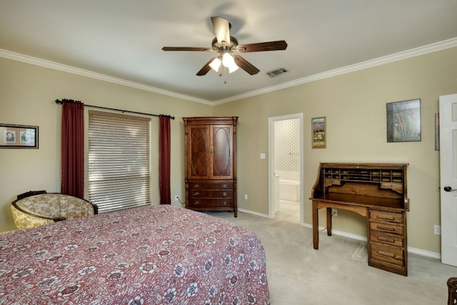 bedroom featuring baseboards, light carpet, and crown molding