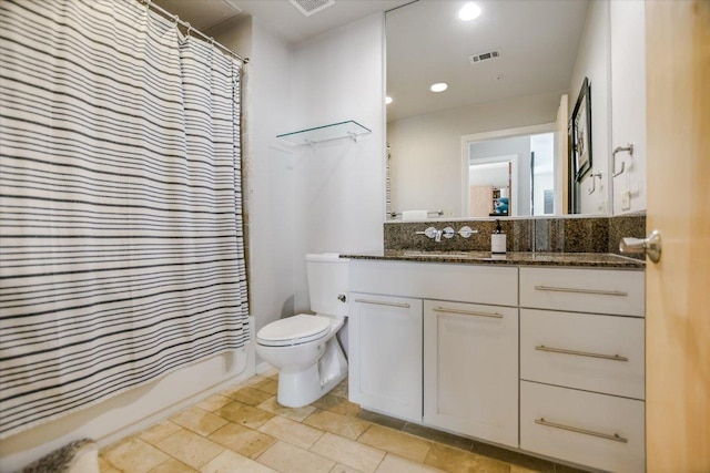 bathroom with visible vents, toilet, recessed lighting, vanity, and shower / bathtub combination with curtain