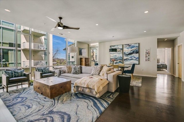 living area featuring recessed lighting, visible vents, wood finished floors, and ceiling fan