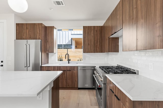 kitchen with visible vents, high quality appliances, modern cabinets, and a sink