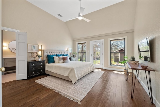 bedroom featuring visible vents, high vaulted ceiling, access to outside, dark wood finished floors, and baseboards