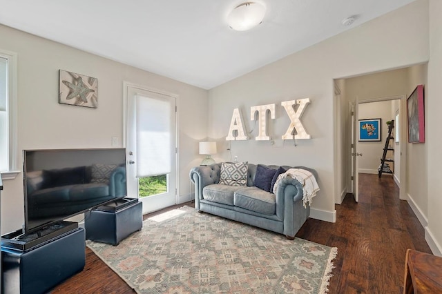 living room with baseboards and wood finished floors