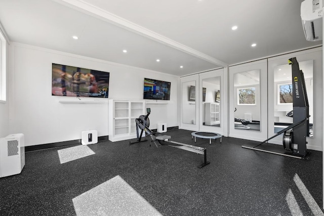 workout area featuring recessed lighting, french doors, and baseboards