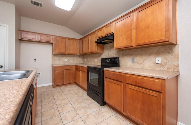 kitchen featuring tasteful backsplash, visible vents, under cabinet range hood, dishwashing machine, and black / electric stove