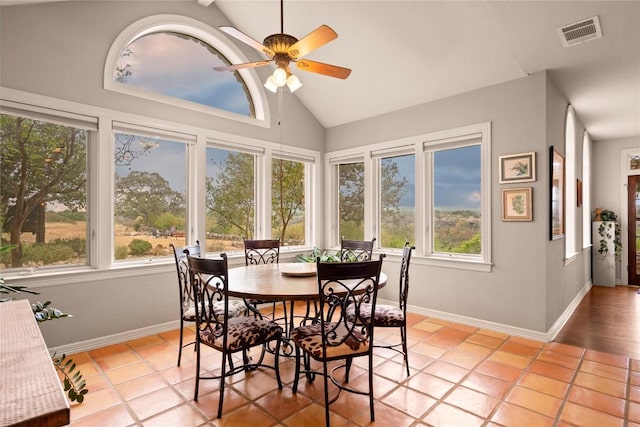 sunroom featuring visible vents, a healthy amount of sunlight, a ceiling fan, and vaulted ceiling