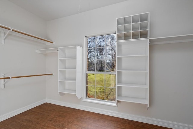 walk in closet with wood finished floors