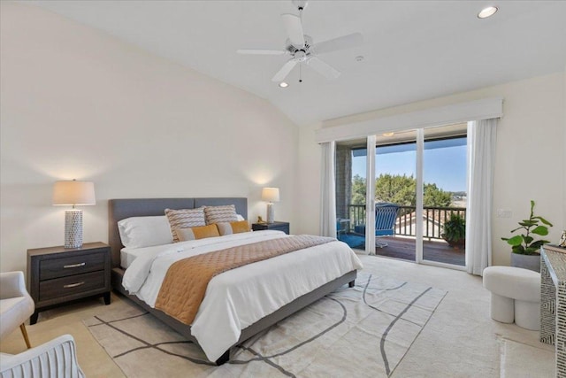 bedroom with recessed lighting, light carpet, lofted ceiling, and access to exterior