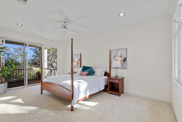 bedroom with a ceiling fan, baseboards, recessed lighting, access to exterior, and light colored carpet