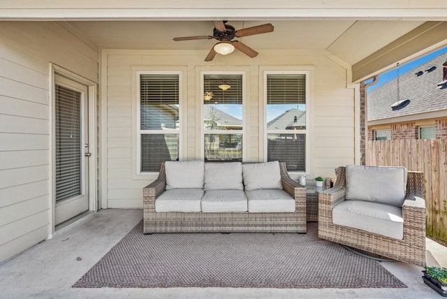 view of patio featuring an outdoor hangout area, ceiling fan, and fence