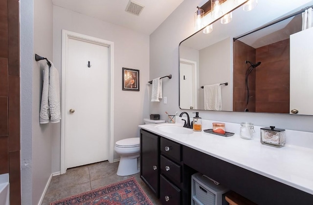 bathroom featuring vanity, visible vents, walk in shower, tile patterned floors, and toilet