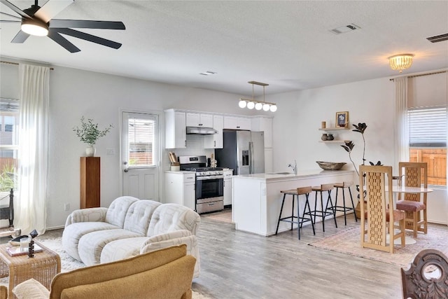 living area with visible vents, light wood-style flooring, a textured ceiling, and ceiling fan