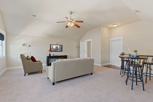 3129 Mill Stream Dr, Cedar Park, TX 78613 - carpeted living area featuring vaulted ceiling and a ceiling fan