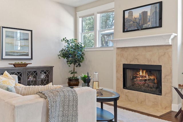 living room featuring a fireplace and wood finished floors