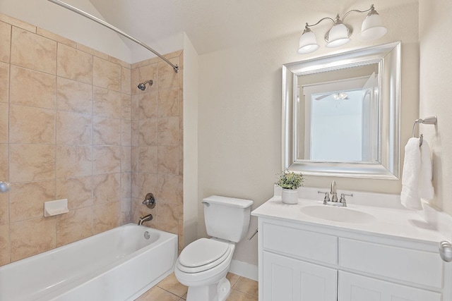 bathroom featuring toilet,  shower combination, vanity, and tile patterned flooring