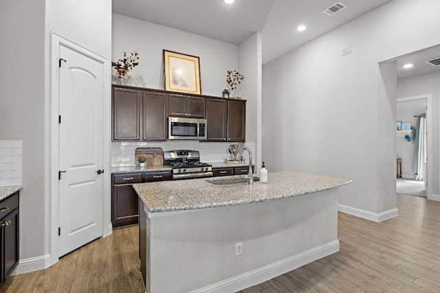 kitchen with visible vents, decorative backsplash, light wood-style flooring, appliances with stainless steel finishes, and a sink