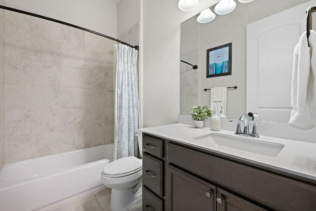 bathroom featuring tile patterned floors, shower / bathtub combination with curtain, toilet, and vanity