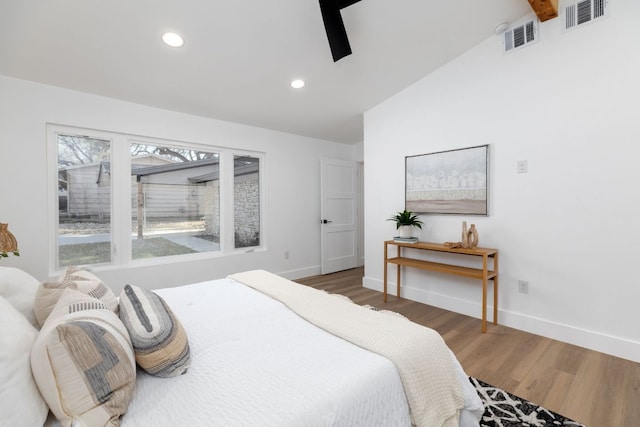 bedroom featuring visible vents, recessed lighting, baseboards, and wood finished floors