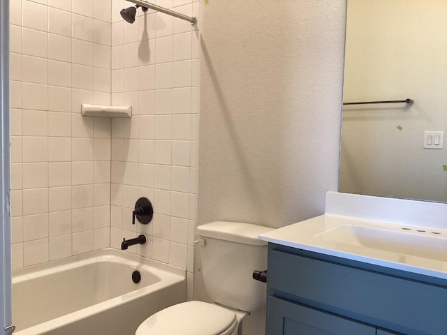 full bath featuring shower / washtub combination, toilet, and vanity