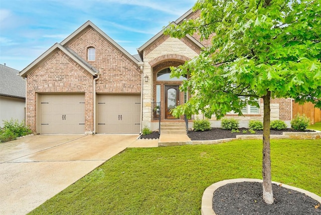 view of front of house featuring brick siding, a garage, concrete driveway, and a front yard