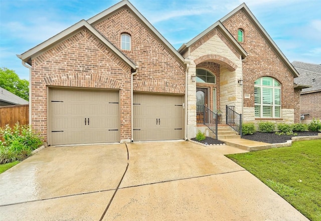 french provincial home with brick siding, an attached garage, and concrete driveway