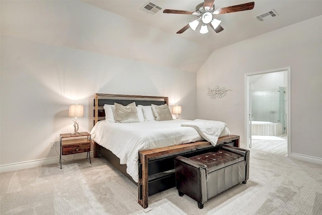 carpeted bedroom featuring visible vents, a ceiling fan, baseboards, and vaulted ceiling