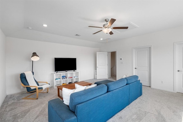 carpeted living room featuring visible vents, recessed lighting, baseboards, and a ceiling fan