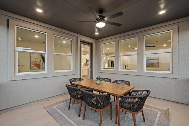 dining space featuring recessed lighting and a ceiling fan