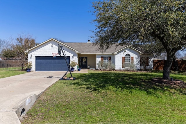 single story home featuring brick siding, a front lawn, fence, driveway, and an attached garage