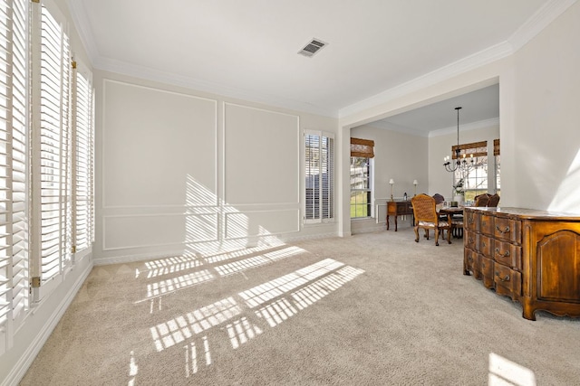 interior space featuring visible vents, ornamental molding, light carpet, an inviting chandelier, and a decorative wall