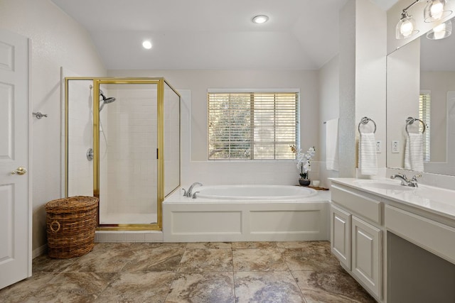 full bath with a shower stall, a garden tub, lofted ceiling, recessed lighting, and vanity