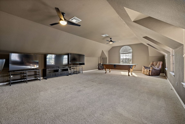 game room featuring visible vents, ceiling fan, carpet flooring, and vaulted ceiling