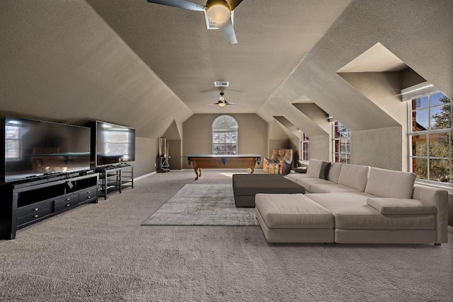 interior space with visible vents, billiards, a ceiling fan, a textured ceiling, and carpet