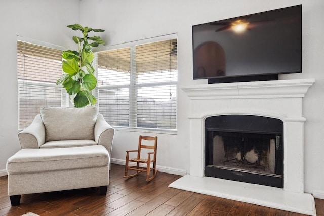 living room with baseboards, a fireplace with raised hearth, and wood finished floors