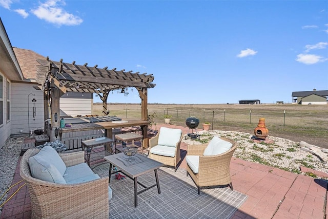 view of patio / terrace with an outdoor living space, fence, and a pergola