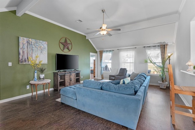 living area featuring wood finished floors, vaulted ceiling with beams, a ceiling fan, and baseboards