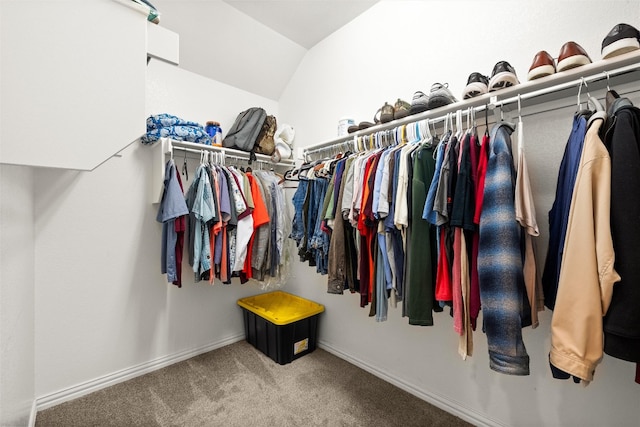 spacious closet with lofted ceiling and carpet