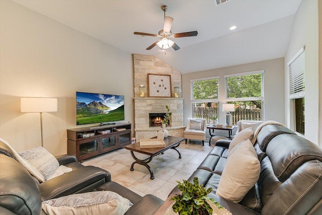 250 Nantucket Cir, Austin, TX 78737 - living area featuring lofted ceiling, a ceiling fan, and a stone fireplace