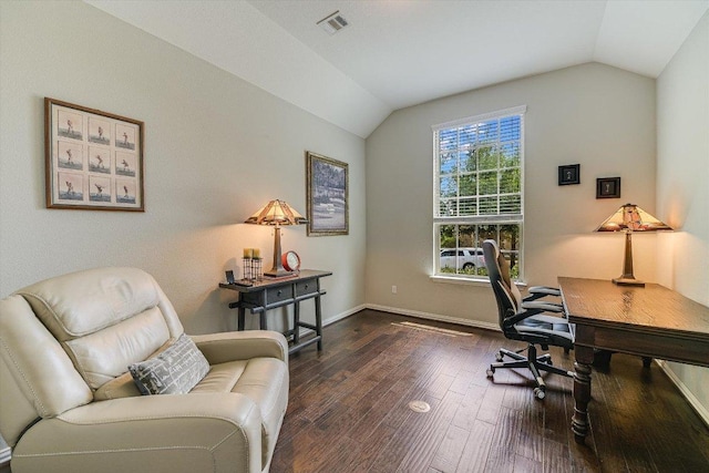 250 Nantucket Cir, Austin, TX 78737 - home office featuring lofted ceiling, dark wood-style floors, and baseboards