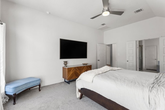 bedroom with visible vents, light carpet, lofted ceiling, a ceiling fan, and baseboards