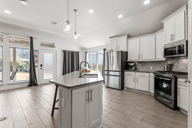 kitchen featuring a sink, stainless steel appliances, tasteful backsplash, and a healthy amount of sunlight