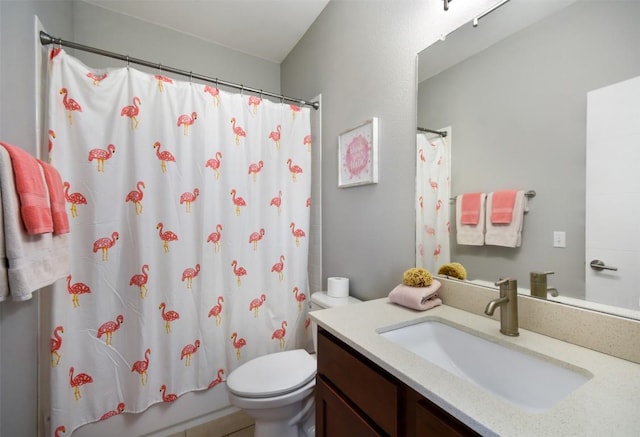 bathroom with vanity, toilet, and shower / bath combo