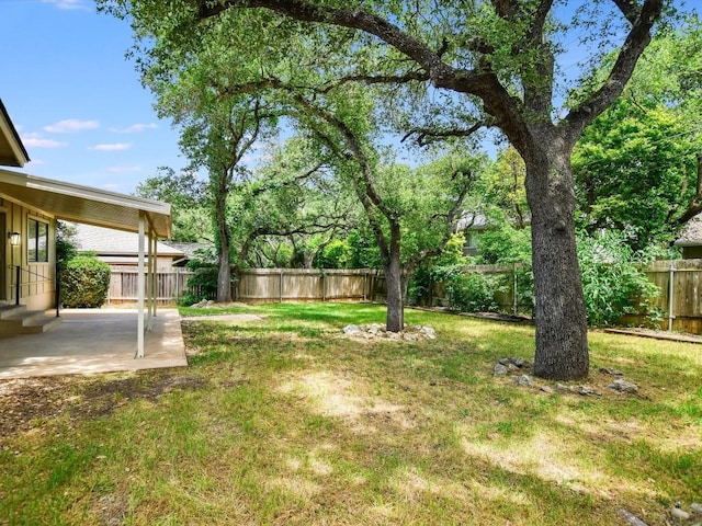 view of yard with entry steps, a patio, and a fenced backyard