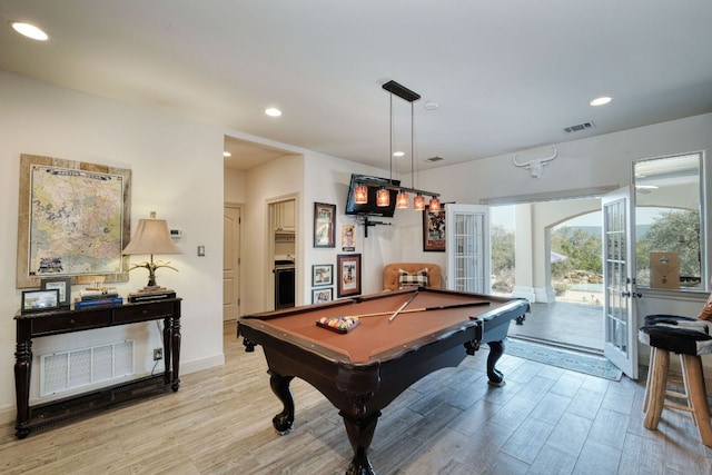 recreation room with visible vents, billiards, recessed lighting, french doors, and light wood finished floors