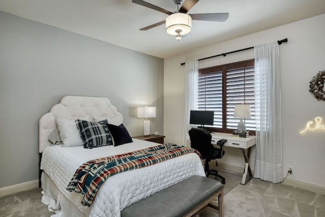 bedroom featuring a ceiling fan, baseboards, and carpet floors