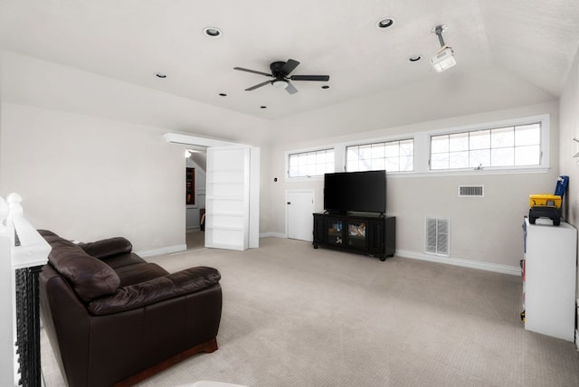 carpeted living area featuring recessed lighting, visible vents, baseboards, and a ceiling fan