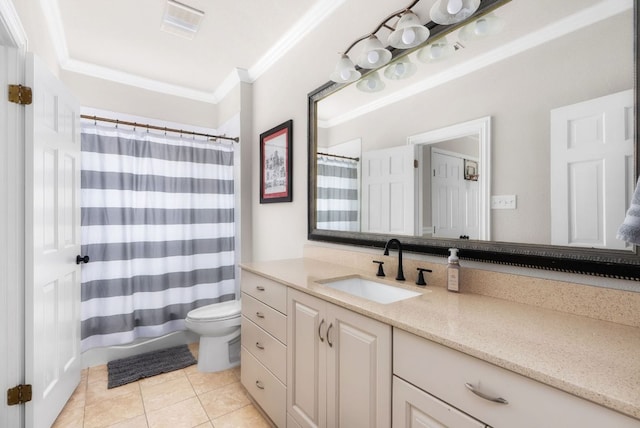 bathroom with vanity, a shower with shower curtain, ornamental molding, tile patterned floors, and toilet